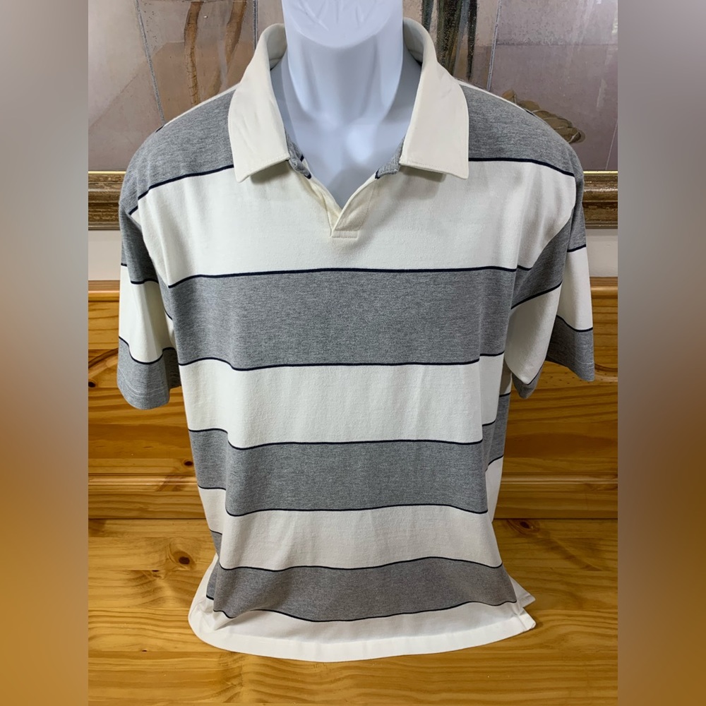Vintage Chaps Ralph Lauren Mens XL Gray White Striped Polo Golf Shirt EUC